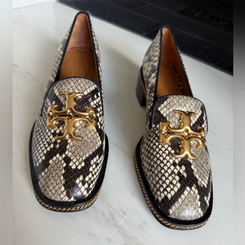 NEW Tory Burch Shoes Loafers Freya SnakeSkin Leather Gold Women Heel NWOT Size 6